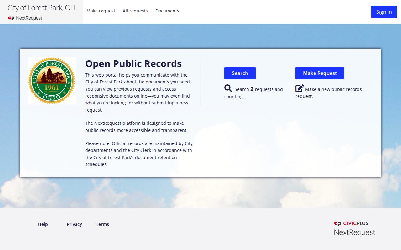 Forest Park residents directory view of the Forest Park NextRequest portal