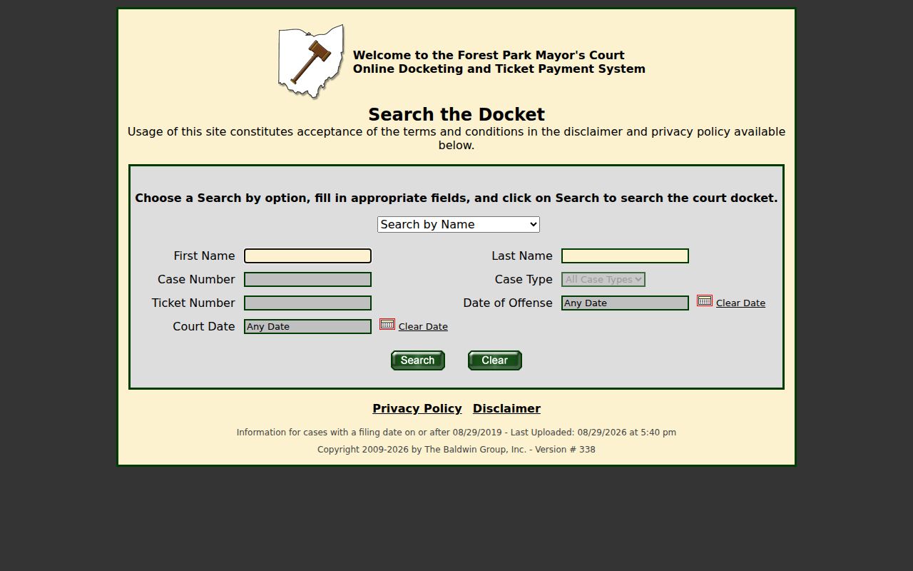 Forest Park residents directory view of the Forest Park Mayor's Court docket search