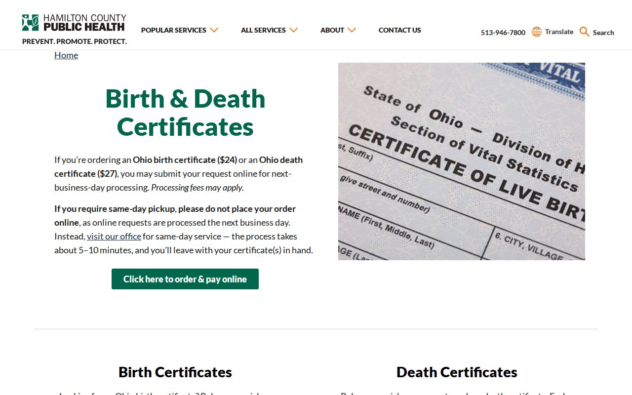 Forest Park residents directory view of Hamilton County vital certificate requests